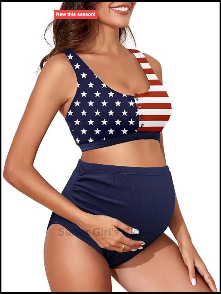 Maternity High Waist Ribbed Two Piece Bikini Set Swimwear For Pregnancy